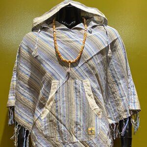 Cotton Diamond-Cut Front Pocket Hoodie Poncho - Stripes (Cream)